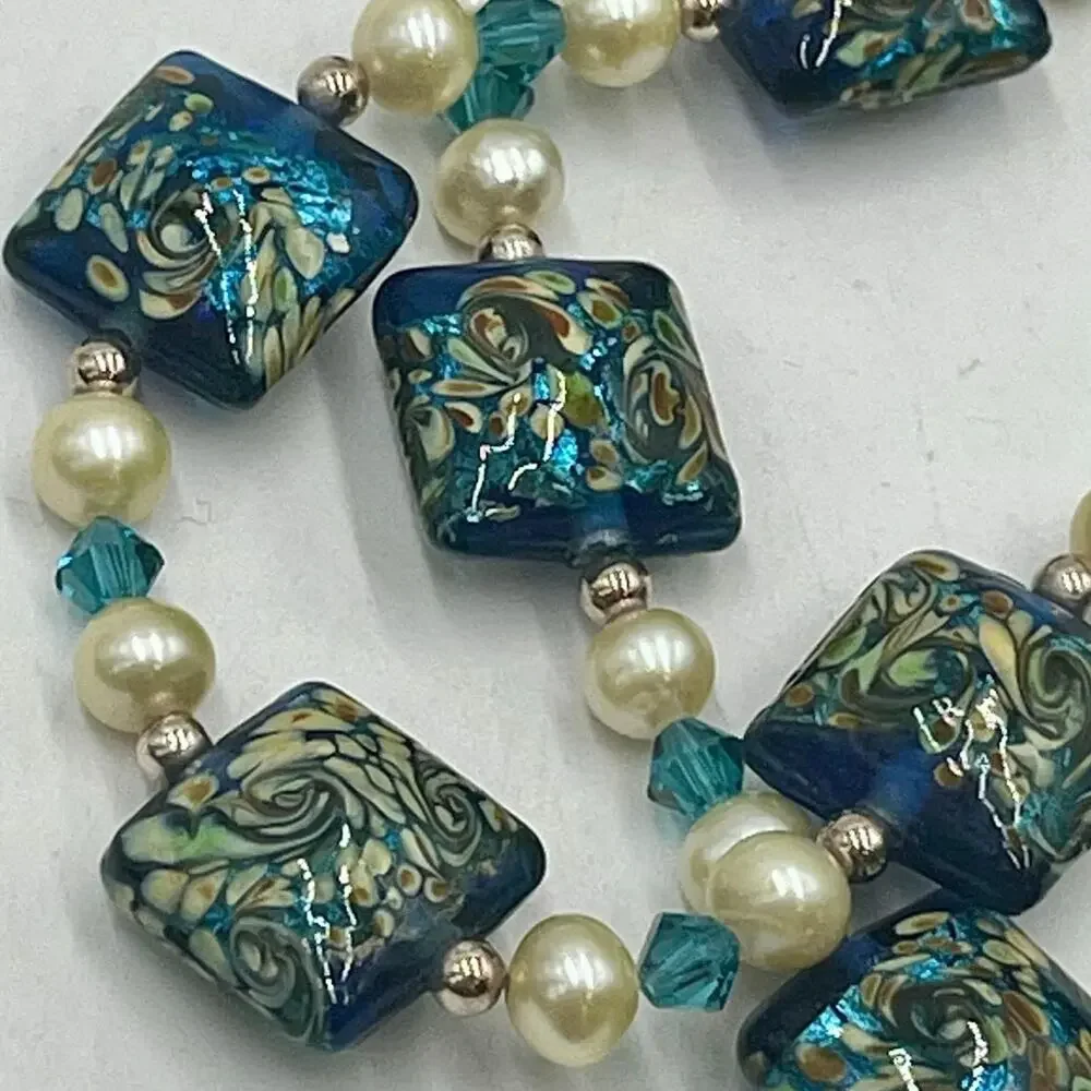 Murano Glass Necklace Sterling Silver Clasp Freshwater Pearls Blue Gold Van Gogh